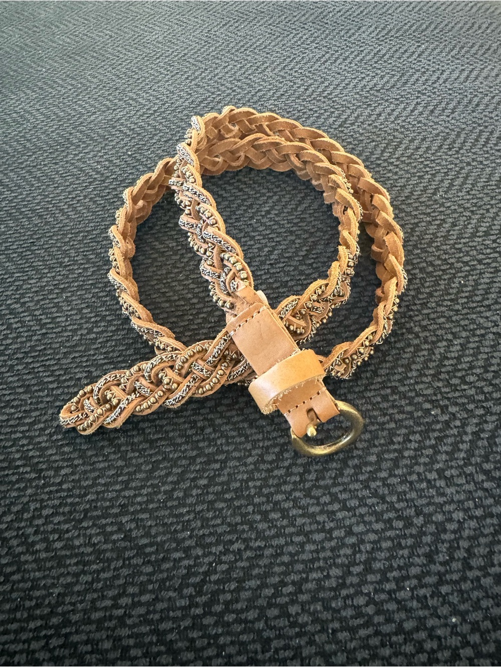 J.Crew Vintage-Inspired Braided & Beaded Leather Belt – Tan/Brown – Brass Buckle